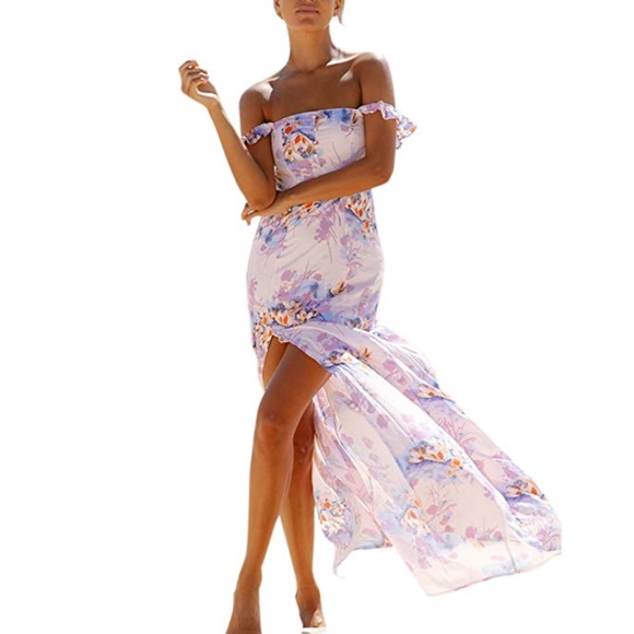 Blush Pink Floral Boho Off The Shoulder Maxi Dress - Picture 2 of 5